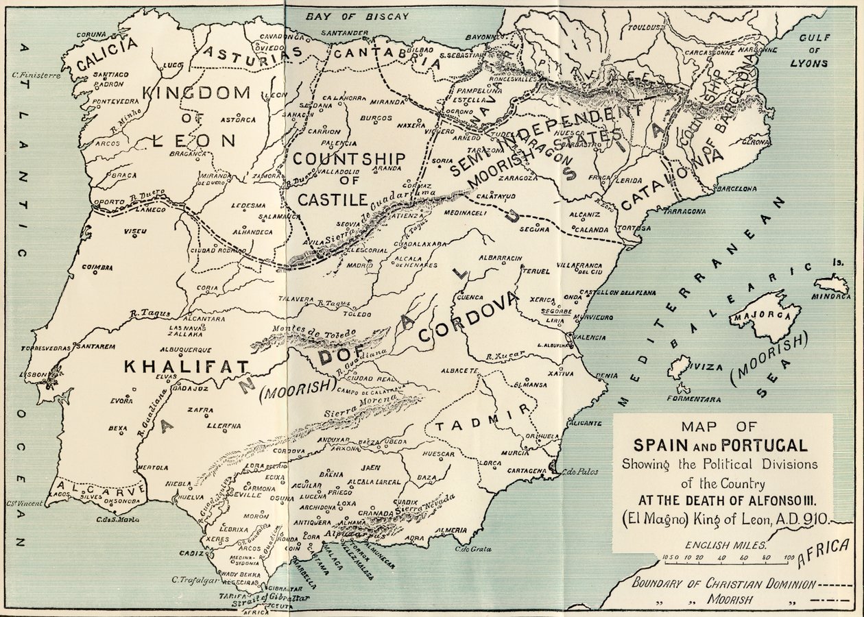 Karte von Spanien und Portugal, die die politischen Teilungen im Land beim Tod von Alfons III., König von León, zeigt, aus 