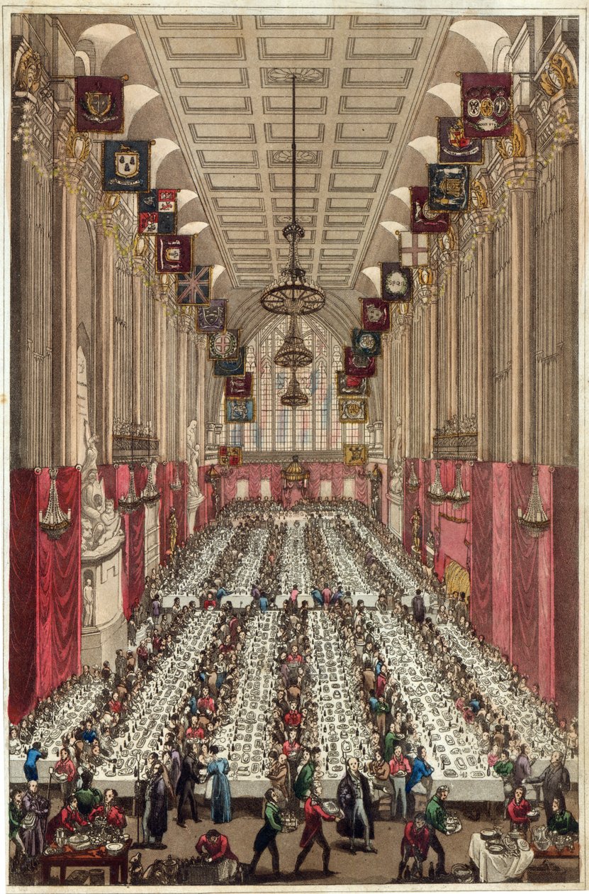 Darstellung des Inneren der Guildhall anlässlich des Besuchs des Königs und der Königin beim Einweihungsdinner von Ald. Key zur Bürgermeisterschaft von London, 9. November 1830 von English School