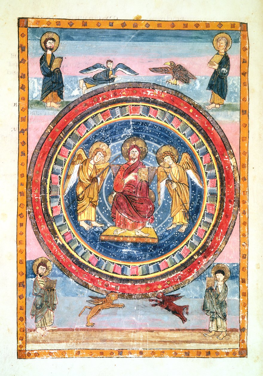 Christus in Majestät mit Engeln und den vier Evangelisten, ausgeführt in Jarrow, Wearmouth, frühes 8. Jahrhundert von English School