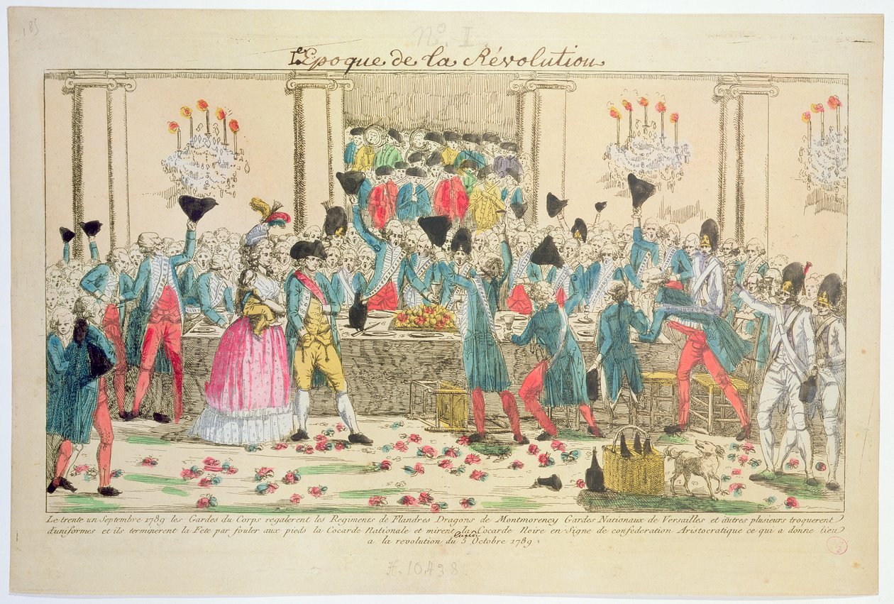 Bankett am 1. Oktober 1789 im Opernhaus von Versailles, gegeben von den Leibwächtern des Königs zur Begrüßung des Flandern-Regiments zur Unterstützung und zum Schutz der französischen Königsfamilie von French School