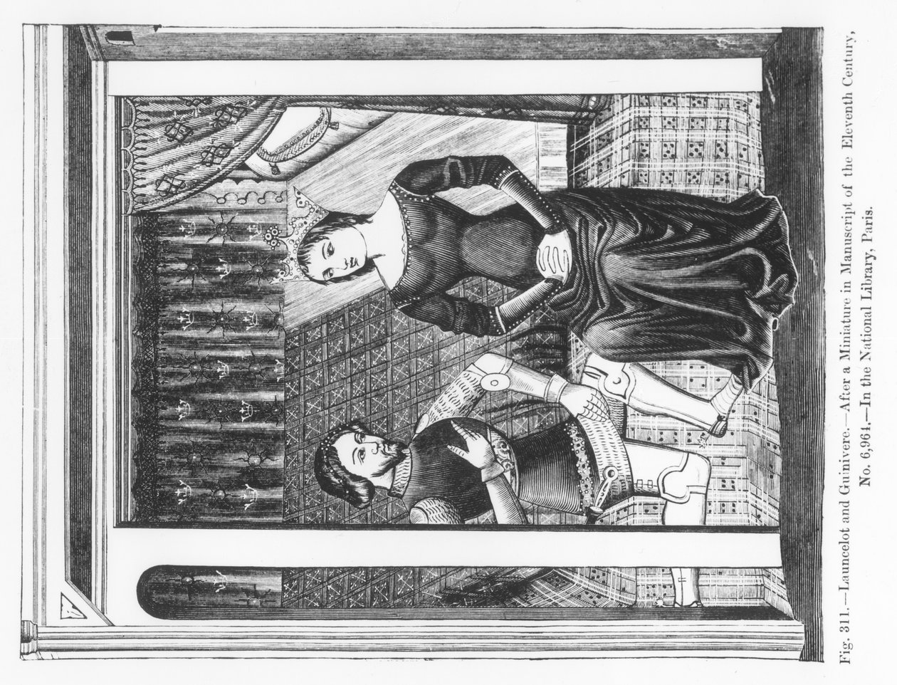 Lancelot und Guinevere, aus einem Manuskript mit der Artussage, Illustration aus 