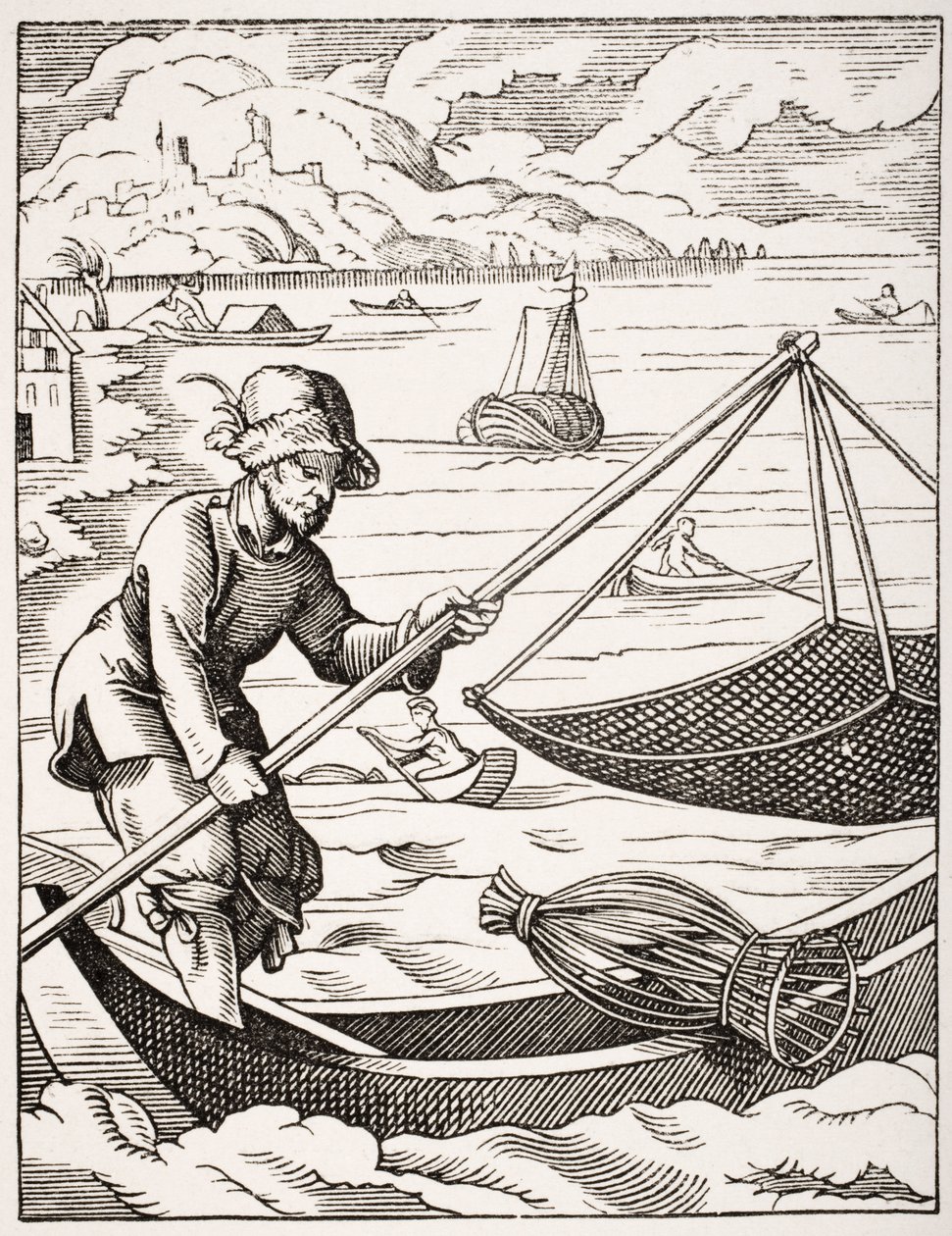Der Flussfischer, nach einer Illustration aus dem 16. Jahrhundert, gezeichnet und graviert von Jost Amman aus 