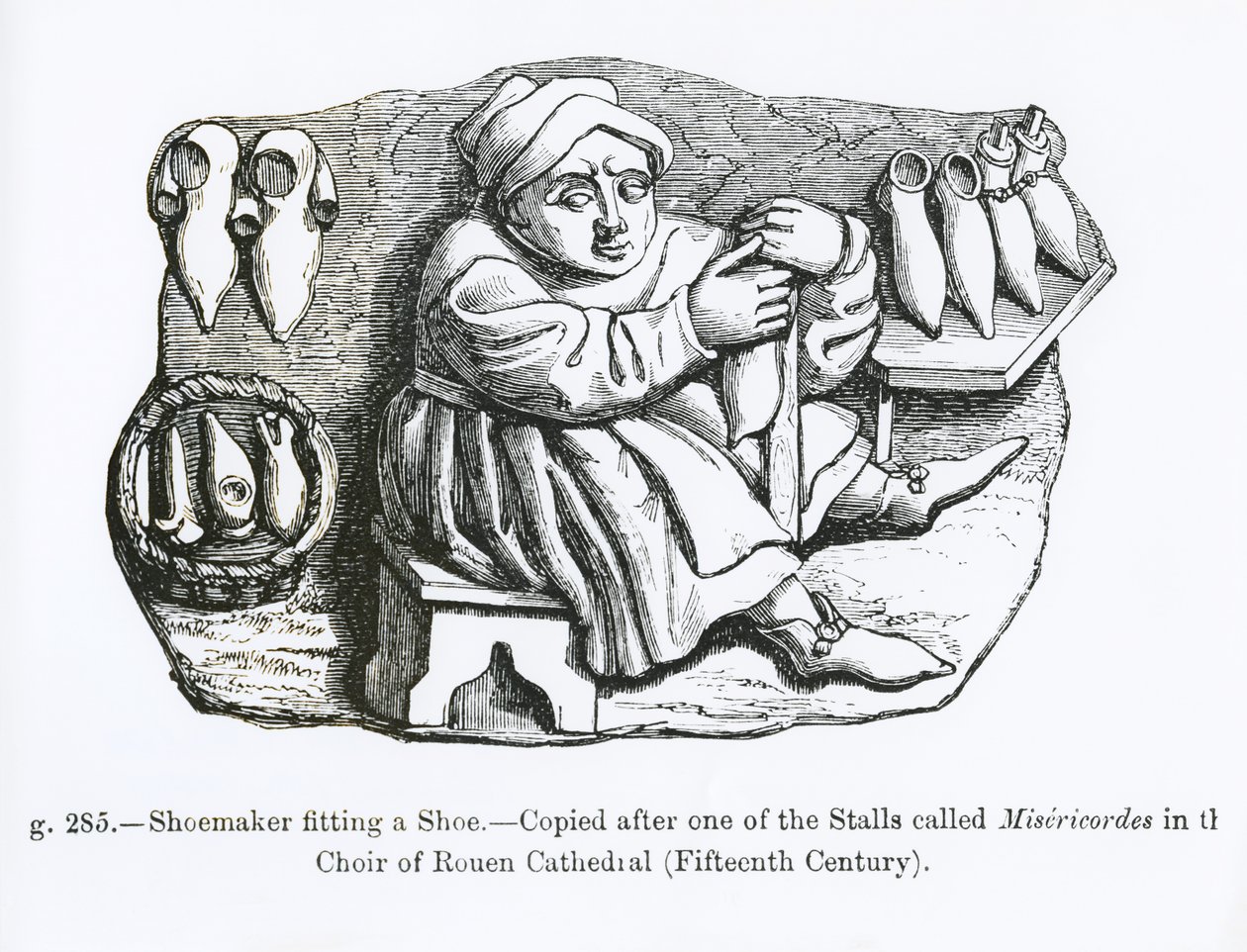 Der Schuhmacher passt einen Schuh an, kopiert von einem der Misericordia-Stände im Chor der Kathedrale von Rouen, Illustration aus 