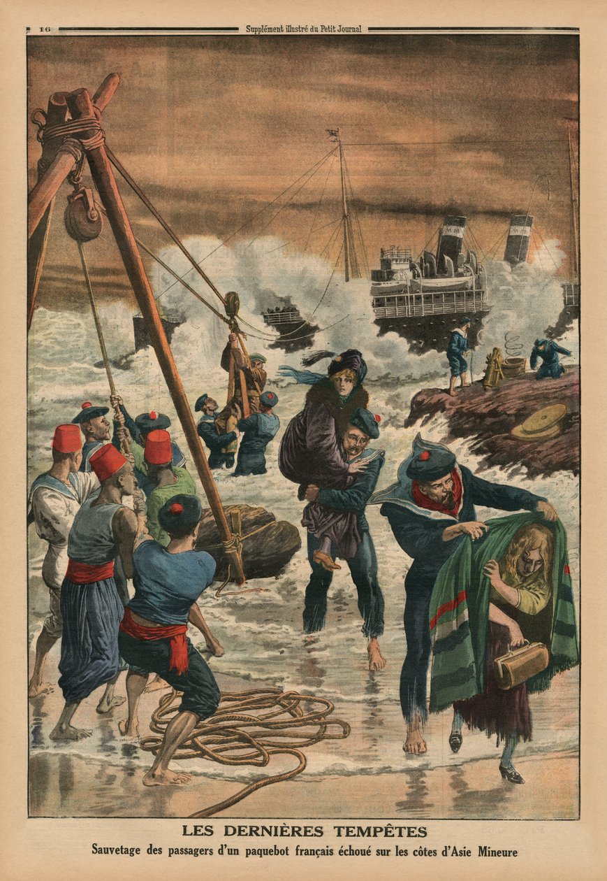 Die letzten Seestürme, Rettung der Passagiere eines französischen Liners an der Küste von Kleinasien, Rückseitenillustration aus 