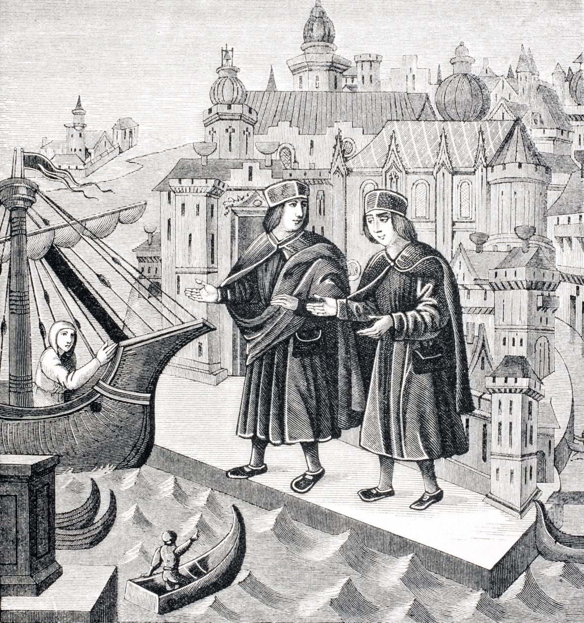 Handel in den Seehäfen des Levante, Reproduktion einer Miniatur im Manuskript des 15. Jahrhunderts, 
