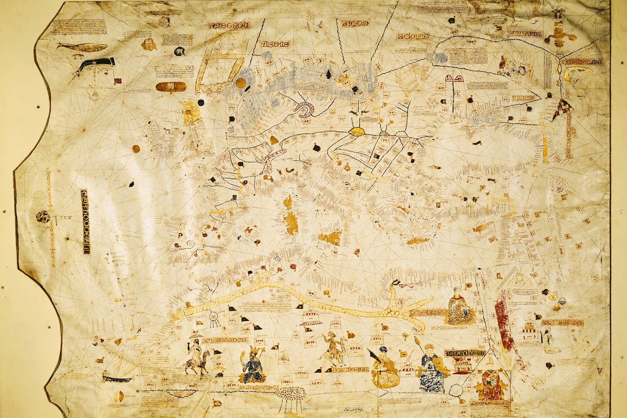 Karte von Karl V., Karte von Mecia de Viladestes, ein Portulan von Europa und Nordafrika, 1413 von Spanish School