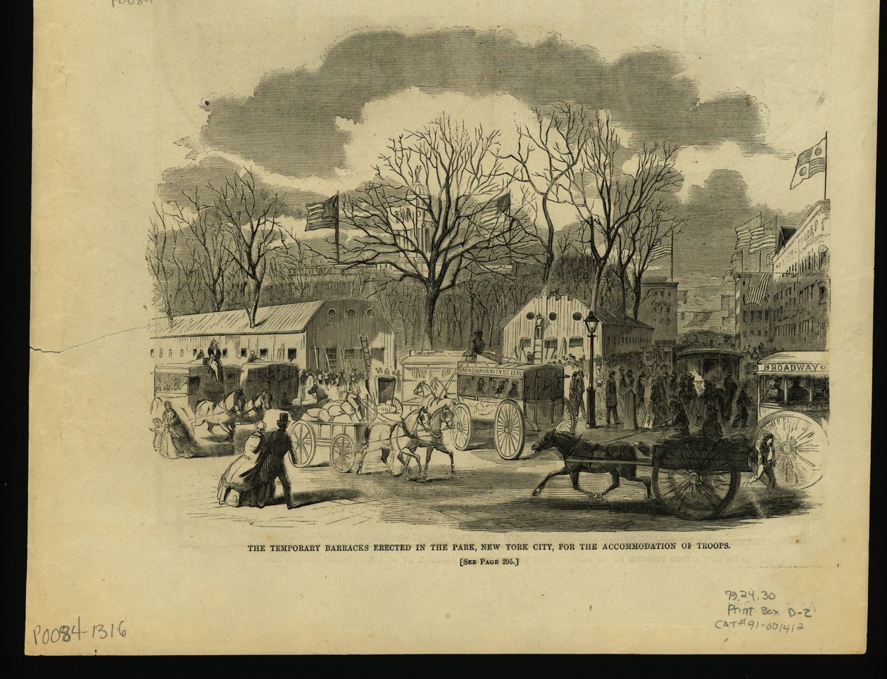 Druck einer Stadtparkszene mit Gebäuden, pferdegezogenen Wagen und Kutschen sowie Menschen im Vordergrund, mit mehreren Gebäuden mit wehenden Fahnen und Bäumen im Hintergrund. von Unknown