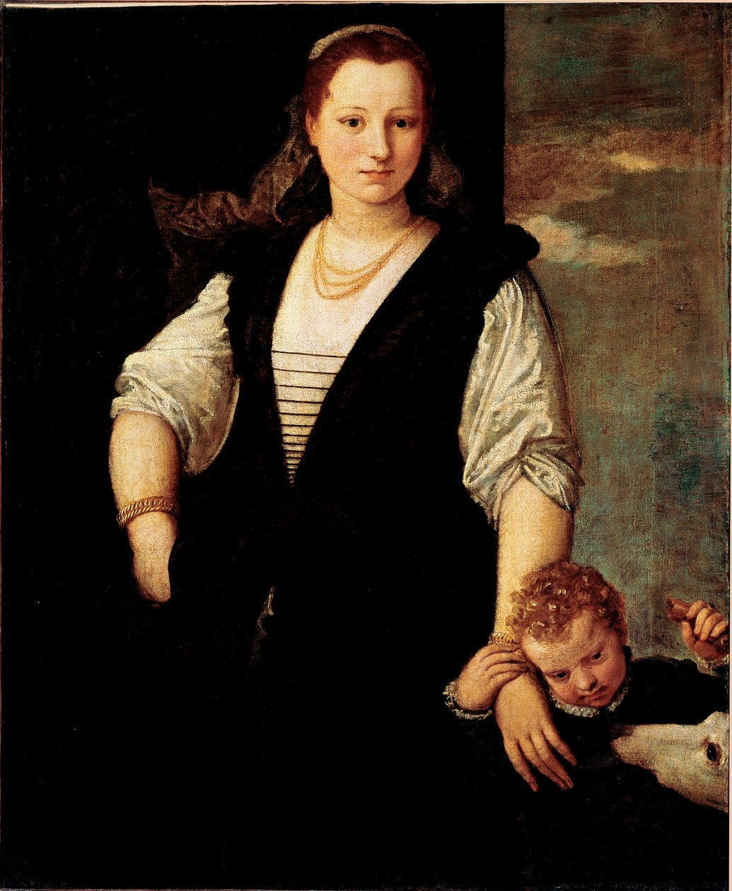 Porträt einer Frau mit einem Kind und einem Hund (die Kinder von Francesco Bevilacqua?) von Veronese