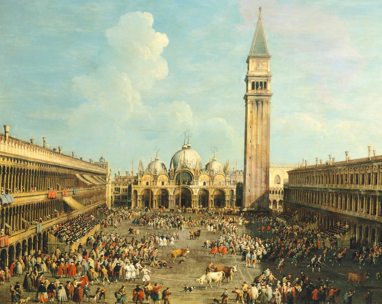 Stierkampf oder Stierjagd auf dem Markusplatz, von Giovanni Antonio Canal, bekannt als Canaletto (1697-1768) und von Giovanni Battista Cimaroli (1687-nach 1753) von Canaletto