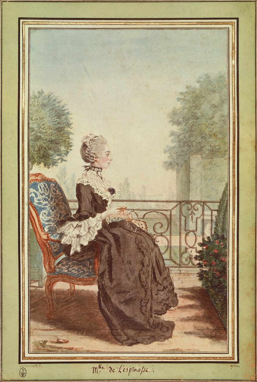 Ms Jeanne Julie Eleonore de Lespinasse, Gravur von Carmontelle