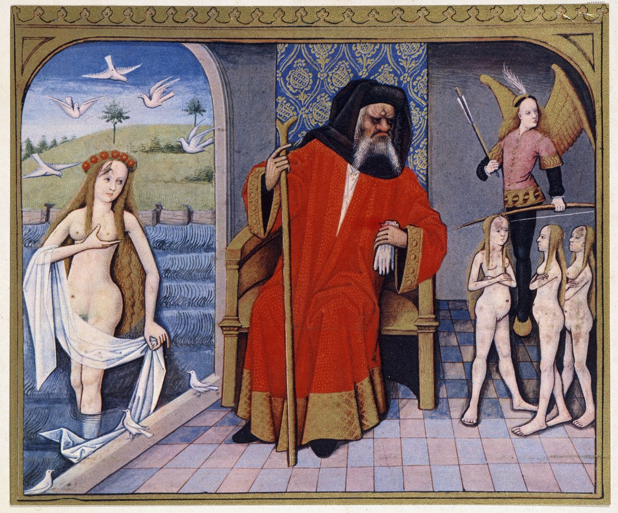 Aphrodite, Hephaistos, Eros (Cupid) und Chariten - aus einer Beleuchtung des 15. Jahrhunderts von (after) French School