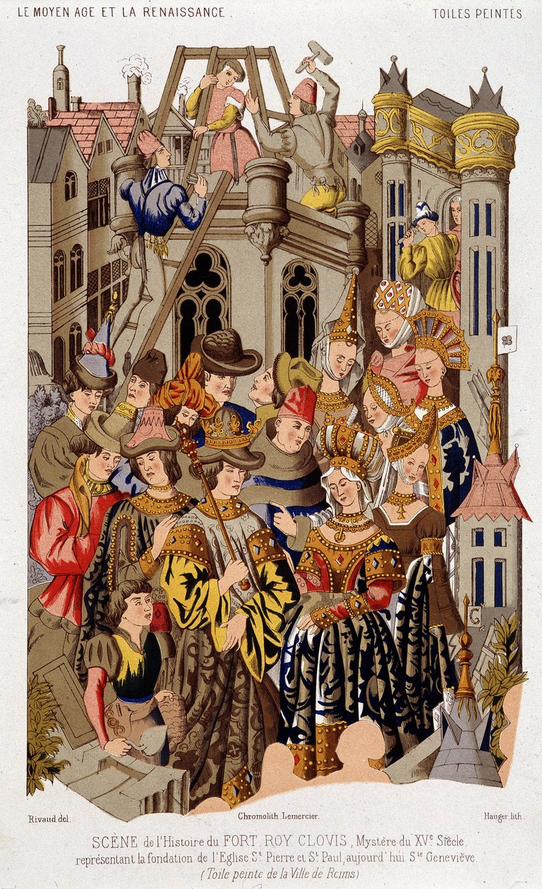 Szene aus der Geschichte von Fort Roy de Clovis. Geheimnis des 15. Jahrhunderts, das die Gründung der Kirche St. Peter und St. Paul, heute Saint Genevieve, darstellt. (aus der) Bemalten Leinwand der Stadt Reims. von (after) French School