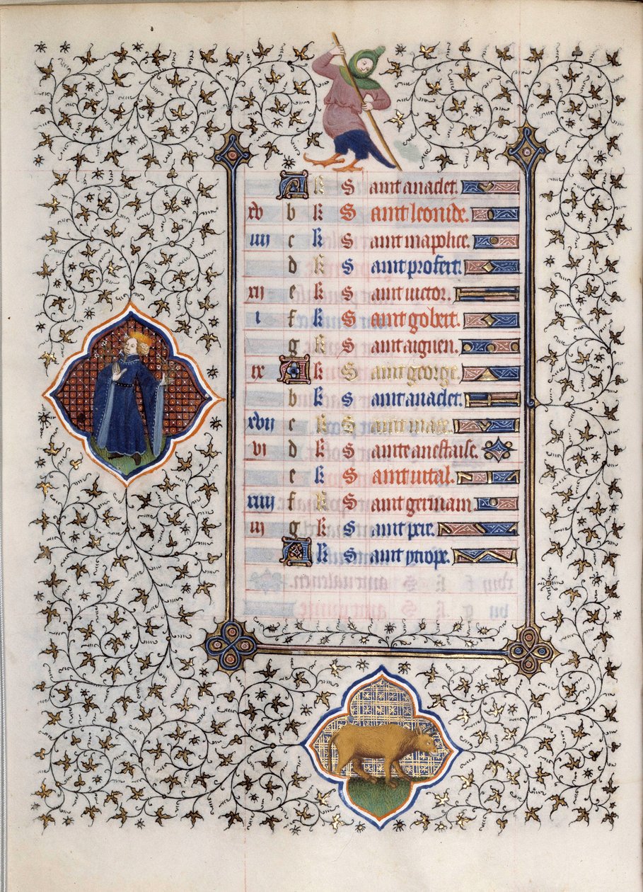 Seite des Manuskripts „Les Tres Riches Heures des Herzogs François de Guise“ illuminiert vom Meister von Boucicaut: Darstellung der Tierkreiszeichen und Alltagsszenen: der Stier. 15. Jahrhundert. Musée Condé, Chantilly von (and workshop) Boucicaut Master