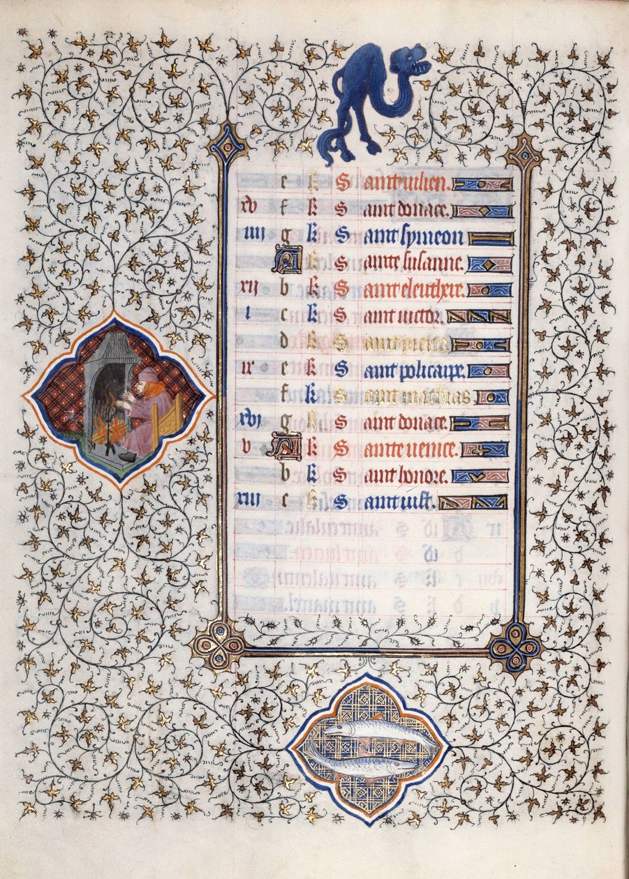 Seite des Manuskripts „Les Très Riches Heures du Duc François de Guise“, illuminiert vom Meister von Boucicaut: Darstellung der Tierkreiszeichen und Alltagsszenen: Fische und ein Mann, der sich vor einem Kamin wärmt. 15. Jahrhundert. Musée Condé, Chantilly von (and workshop) Boucicaut Master