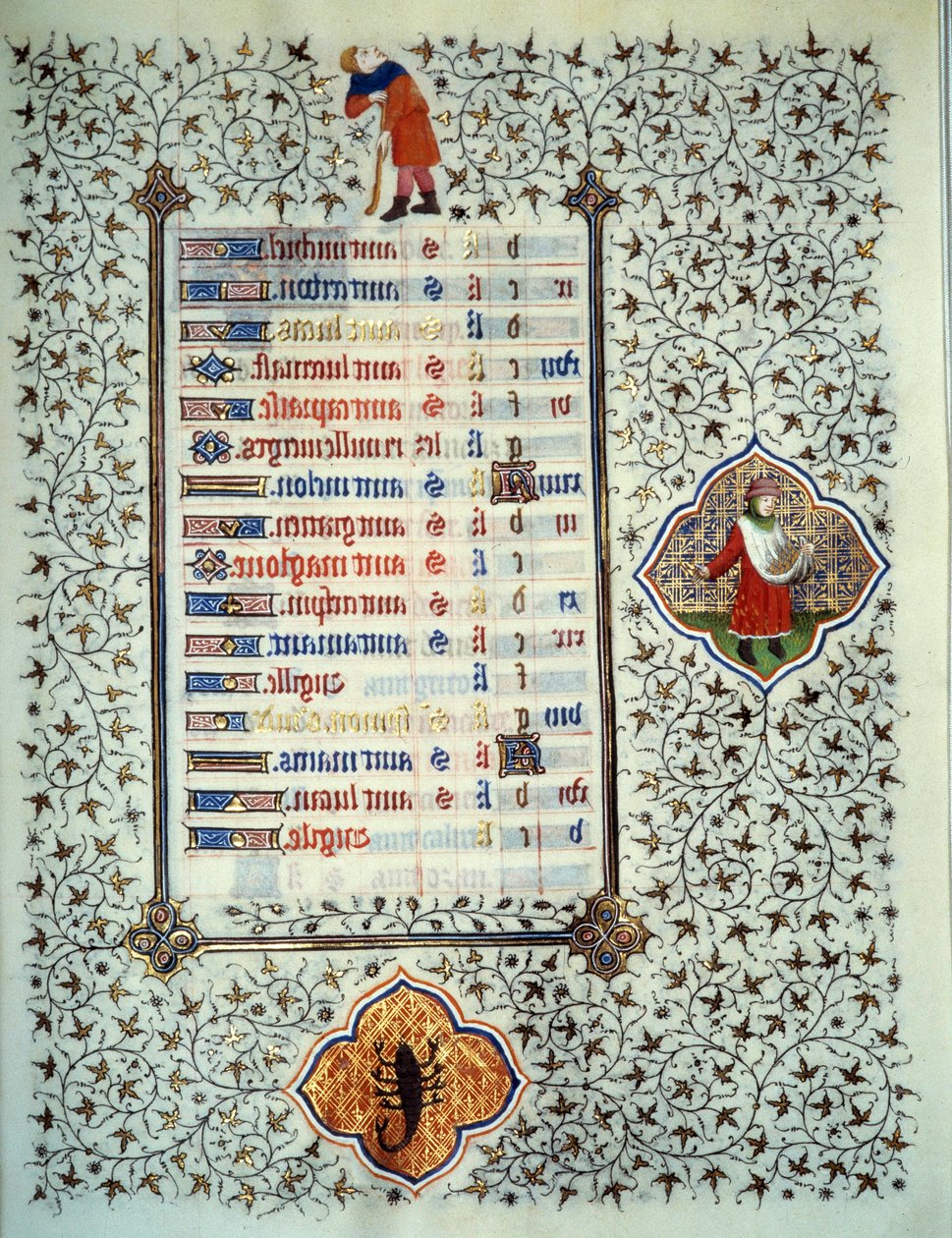 Seite des Manuskripts „Les Très Riches Heures du Duc François de Guise“, illuminiert vom Meister von Boucicaut: Darstellung der Tierkreiszeichen und Alltagsszenen: Skorpion und Pflanzung. 15. Jahrhundert. Musée Condé, Chantilly von (and workshop) Boucicaut Master