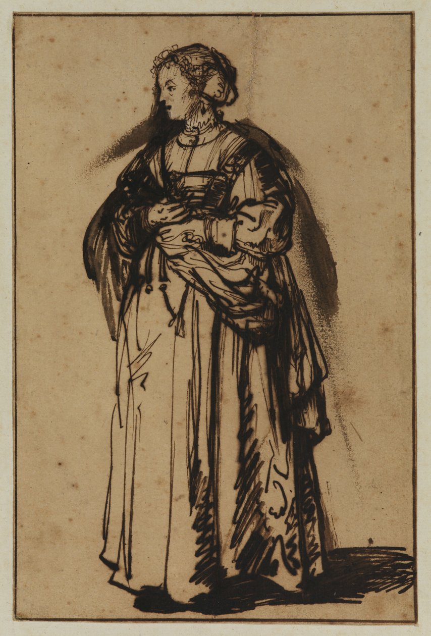 Die Frau des Künstlers, Saskia, stehend und Blumen in den Händen haltend von (workshop of) Rembrandt Harmensz. van Rijn