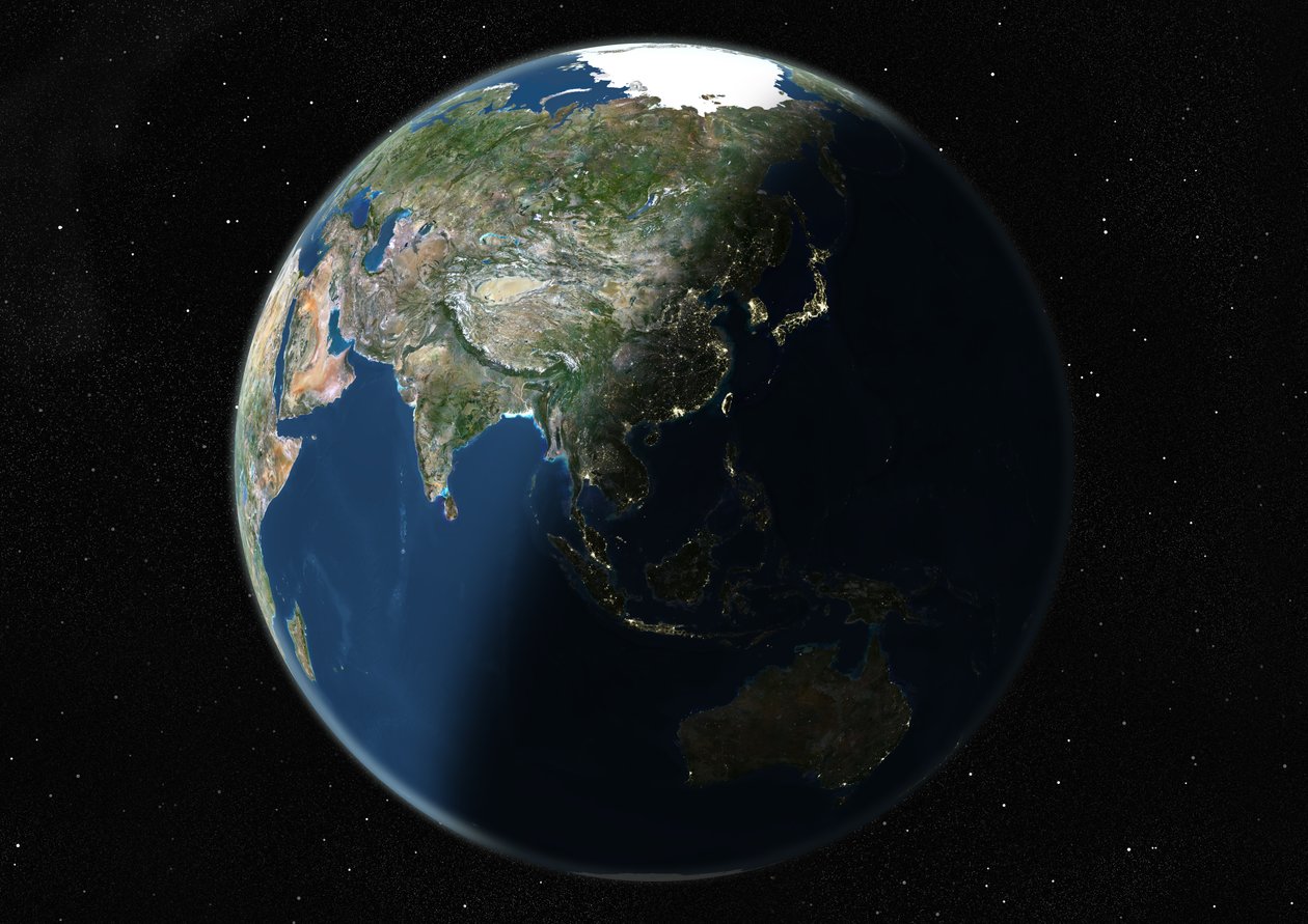 Globus zentriert auf Asien und Ozeanien, Satellitenbild in Echtfarben von Unknown