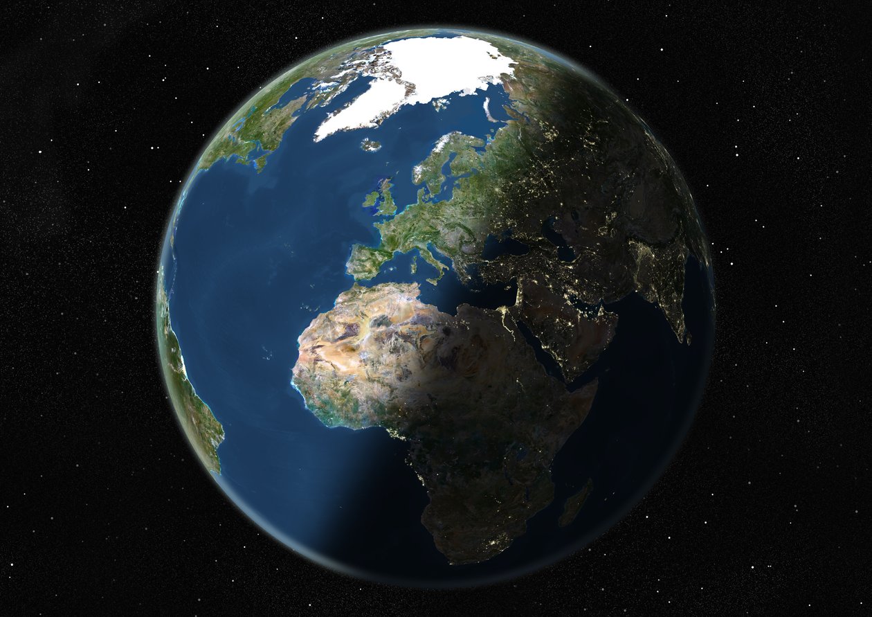 Globus zentriert auf Europa und Afrika, Satellitenbild in Echtfarben von Unknown