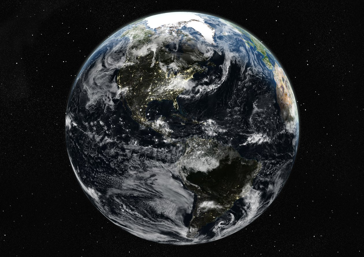 Globus zentriert auf die Amerikas, Satellitenbild in Echtfarben von Unknown