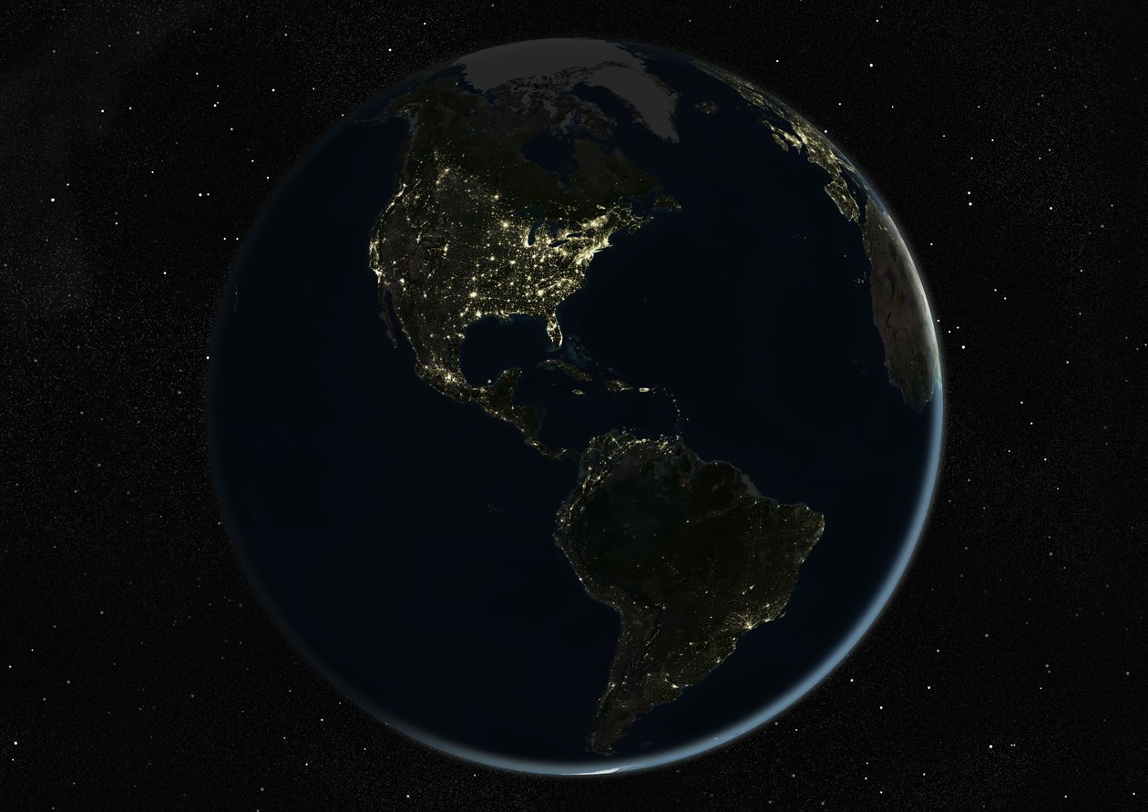 Globus zentriert auf die Amerikas, Satellitenbild in Echtfarben von Unknown