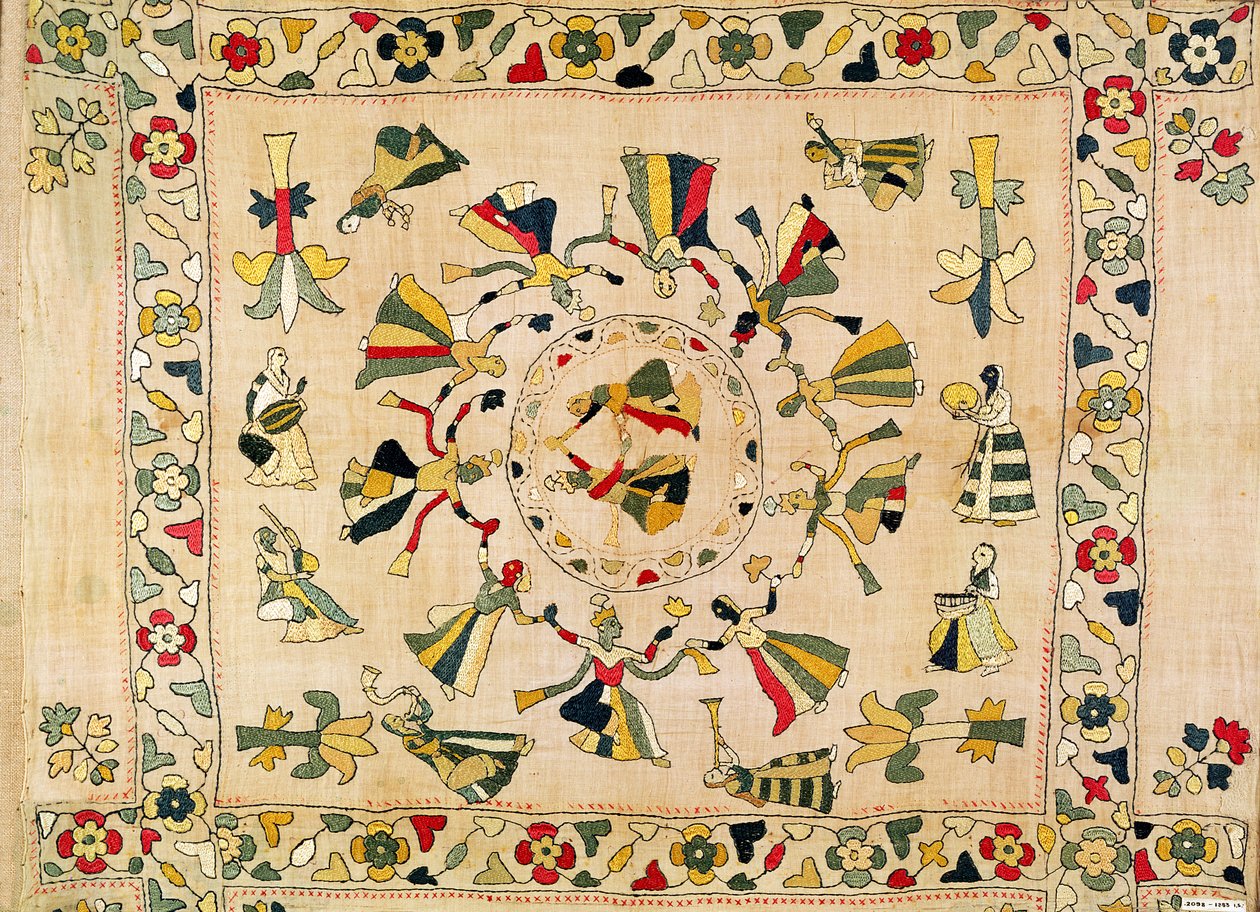 Rumal: quadratische Stickereidecke mit Punjabi-Tanz, Mitte des 19. Jahrhunderts von Unknown