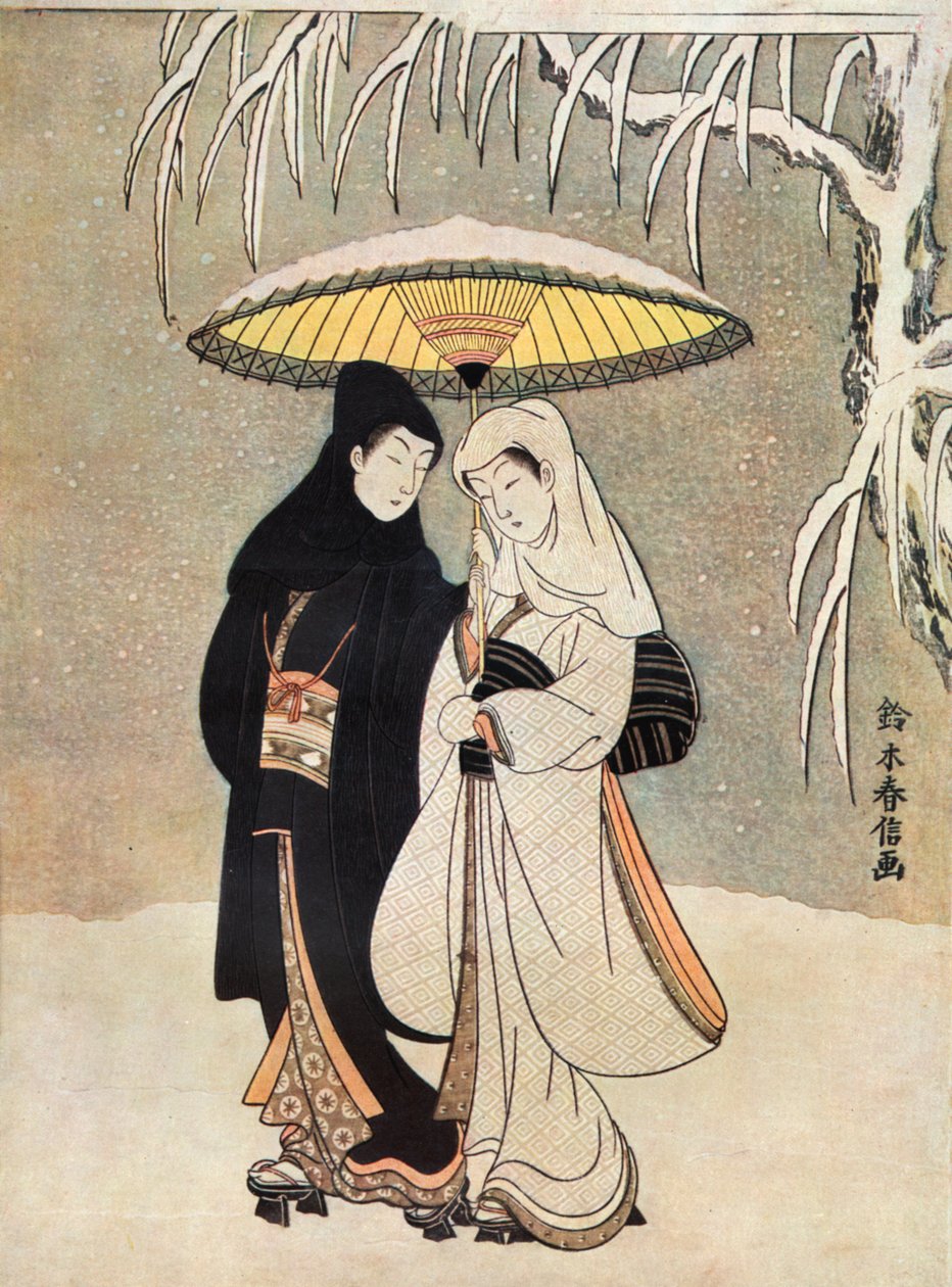 Zwei Liebende im Schnee unter einem Regenschirm von Suzuki Harunobu von Unknown