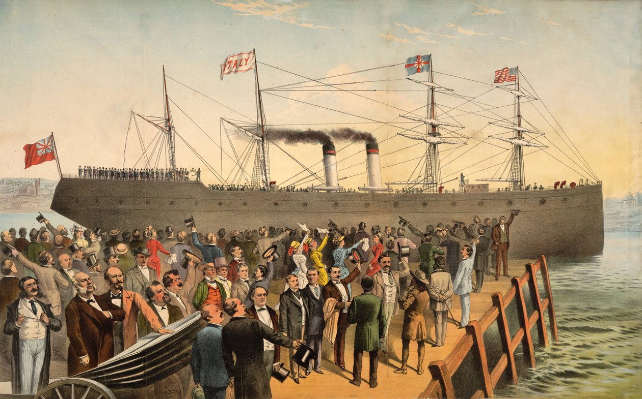 Abfahrt des Dampfschiffs Italien, veröffentlicht 1875 von American School