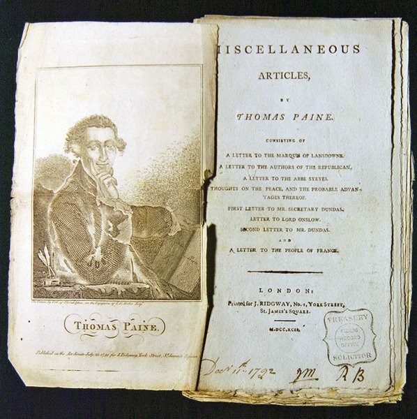Frontispiz zu Verschiedene Artikel von Thomas Paine, veröffentlicht 1791 von American School