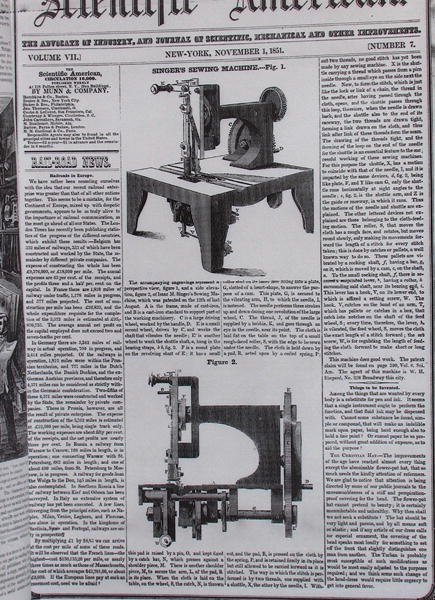 Das Originalmodell der Nähmaschine von Isaac Merrit Singer (1811-75) aus The Scientific American, 1. November 1851 von American School