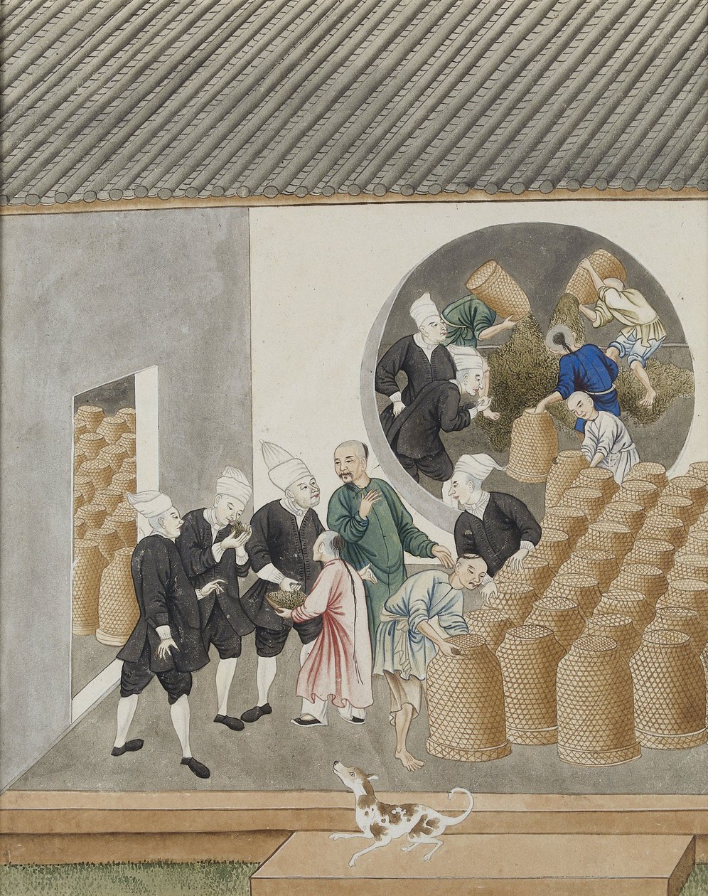 Turbanierte niederländische VOC-Händler riechen Tee zur Qualitätsprüfung in einem Tee-Lagerhaus in Kanton (Guangzhou), ca. 1770 von Chinese School
