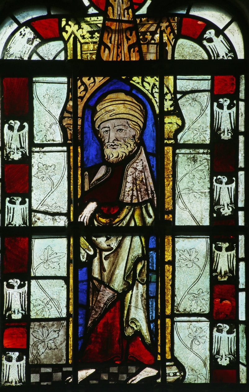 Figur mit ungewöhnlicher Kopfbedeckung und heraldischen Adlern von English School