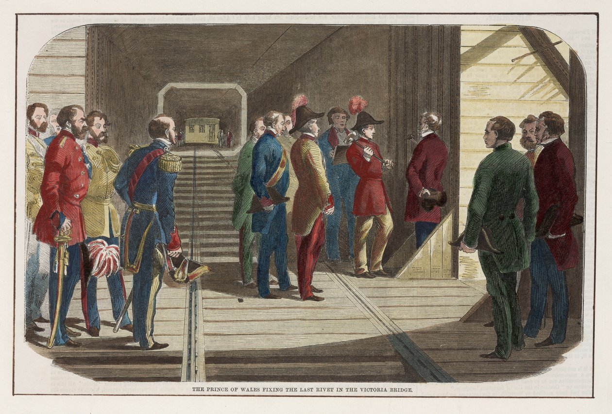 Der Prinz von Wales befestigt den letzten Niet in der Victoria-Brücke, Kanada, 1860 von English School
