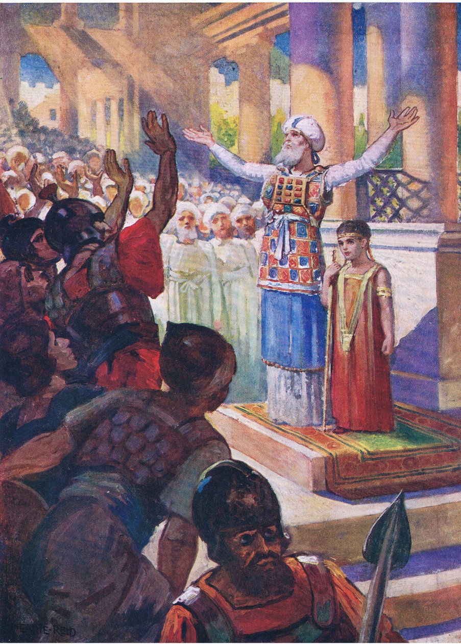 Der Junge Joasch wird zum König gekrönt, aus Das Bibelbilderbuch veröffentlicht von Thomas Nelson, ca. 1950 von English School