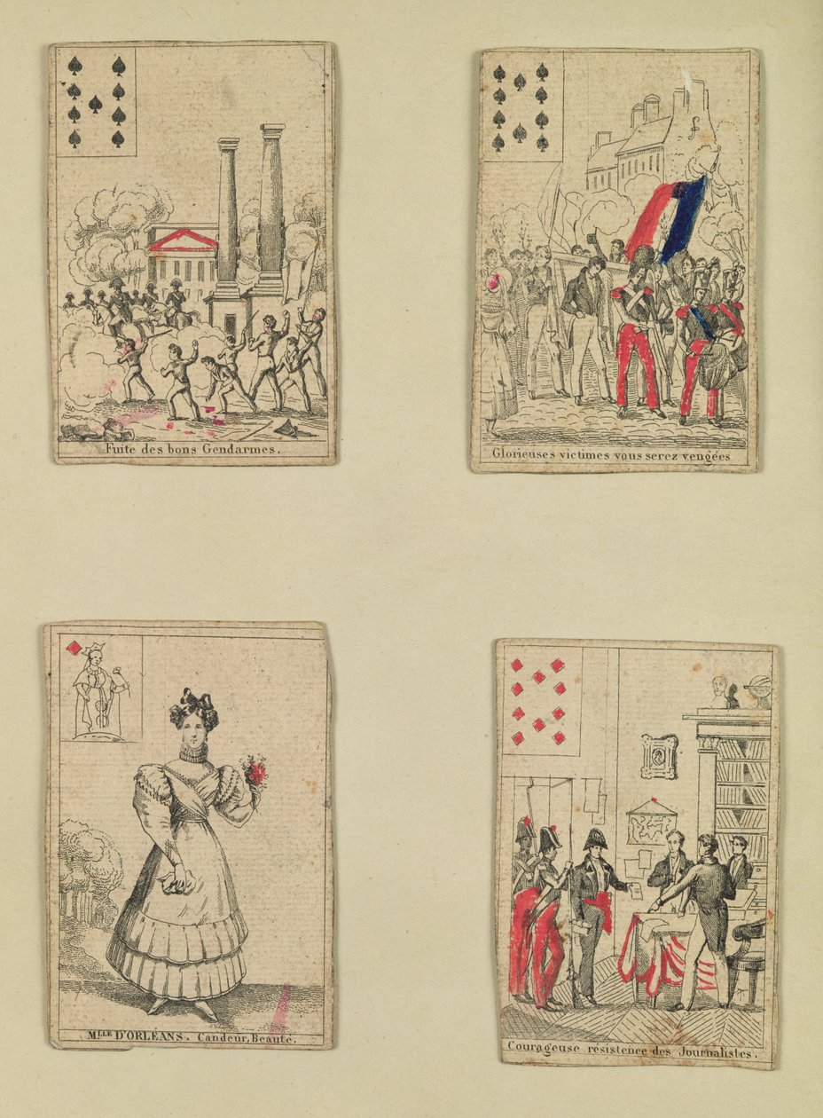 Vier Spielkarten zur Erinnerung an die Helden des Juli 1830, 1831 von French School