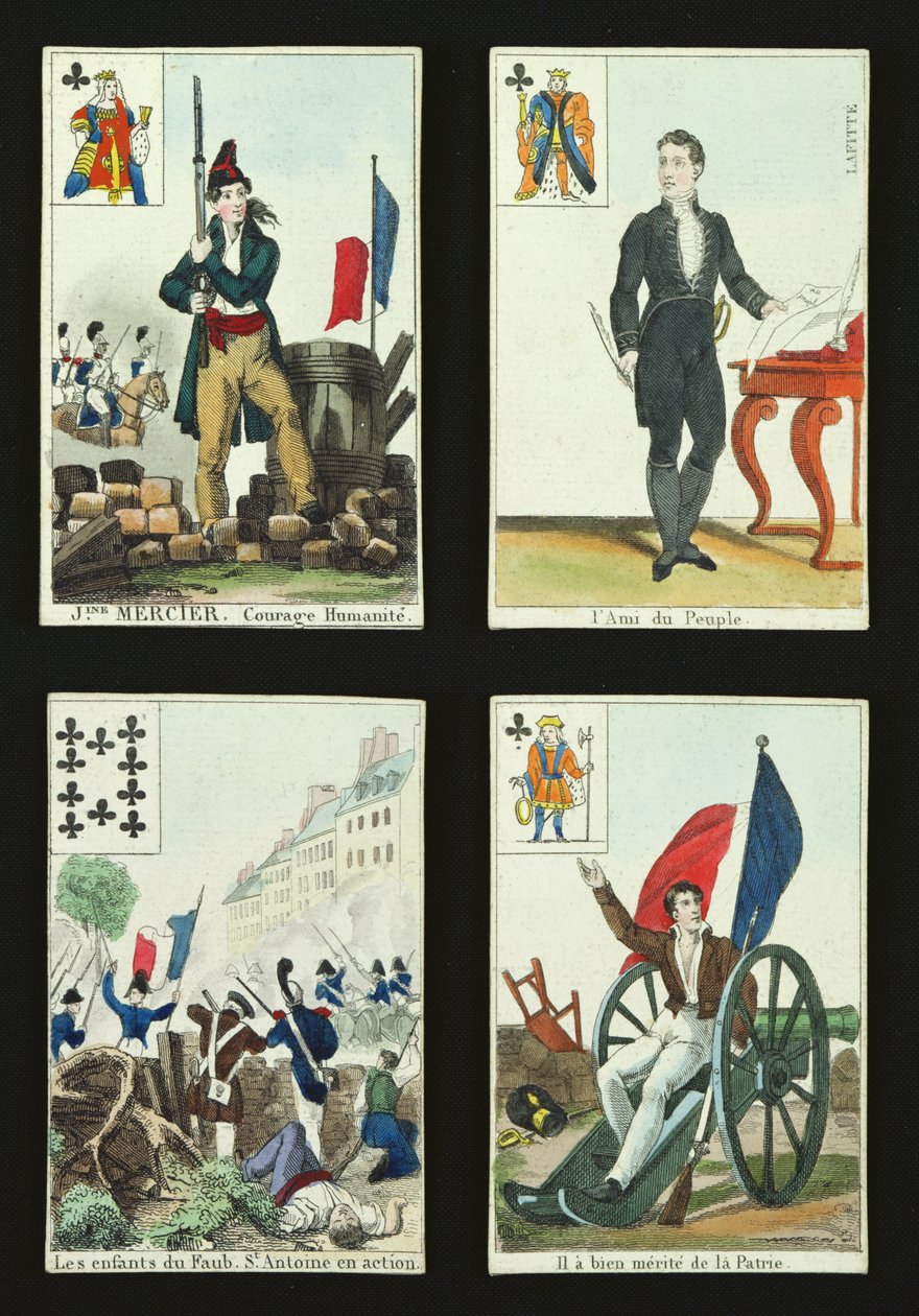 Vier Spielkarten zur Erinnerung an die Helden des Juli 1830, 1831 von French School