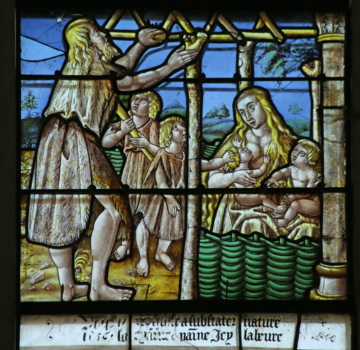 Fenster mit Darstellung von Adam, der ein Haus baut, und Eva, die Kinder aufzieht von French School