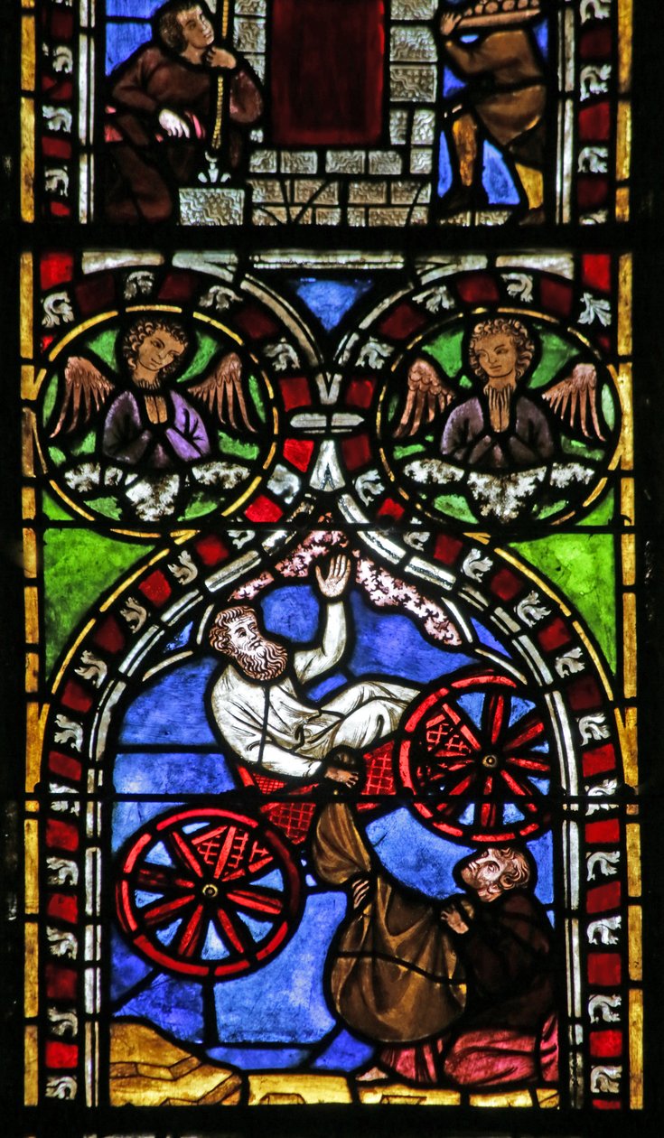 Fenster mit dem Aufstieg des Elias in den Himmel in einem Wagen von French School
