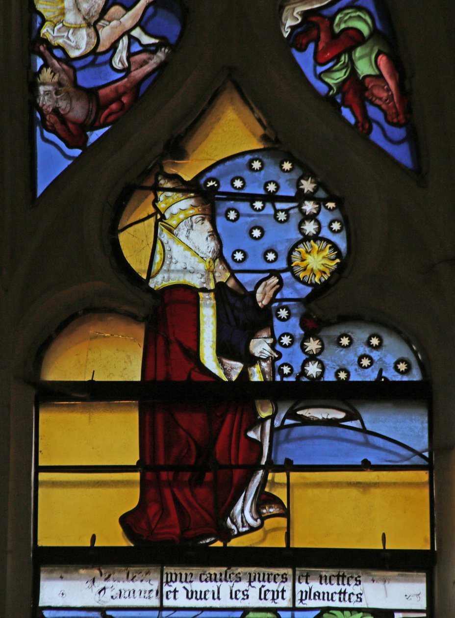 Fenster, das Gott bei der Erschaffung von Sonne, Mond und Sternen darstellt von French School