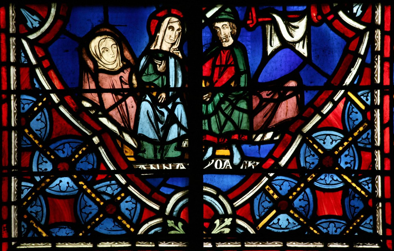Fenster mit Darstellung der Heiligen Anna und Joachim, die auf die Geburt der Jungfrau Maria warten von French School