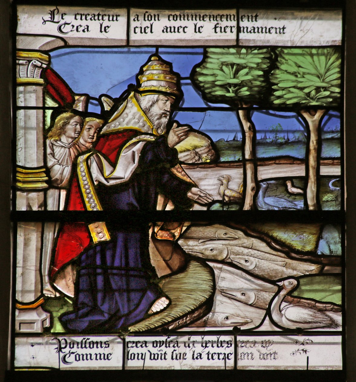 Fenster mit Darstellung der Erschaffung von Fischen und Vögeln von French School