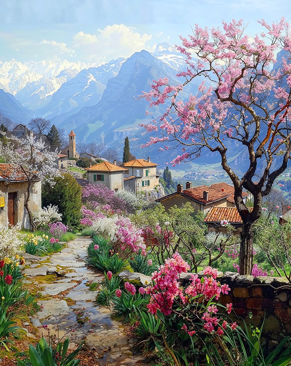 Ein schönes Dorf umgeben von blühenden Pflanzen in einer bergigen Landschaft von F. Abderrahim