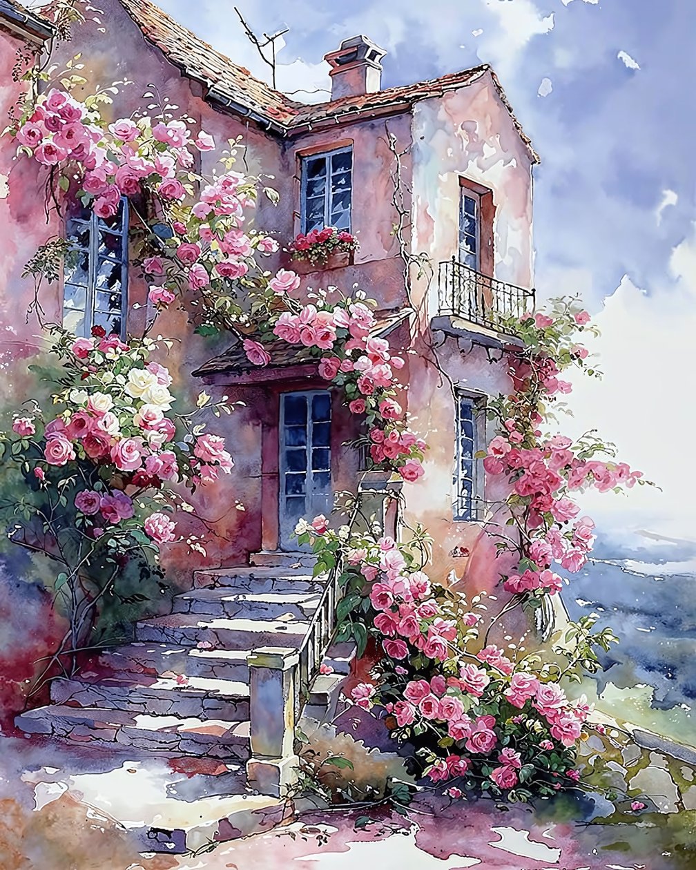 Haus umgeben von Kletterpflanzen mit roten und rosa Blumen von F. Abderrahim