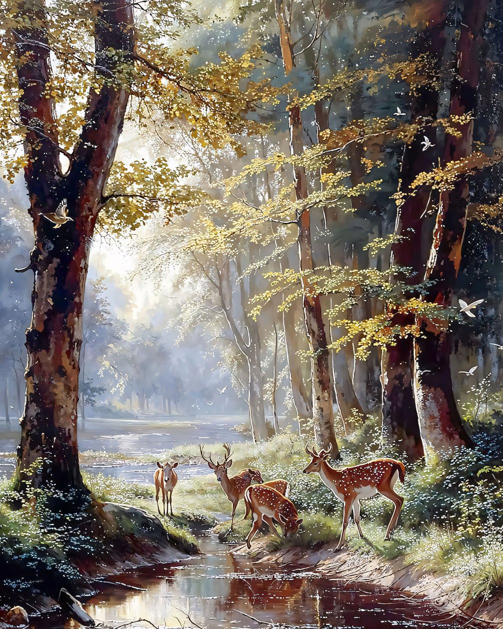 Ein Hirsch zwischen den Bäumen trinkt Wasser aus einem See, Öl-Leinwanddruck von F. Abderrahim