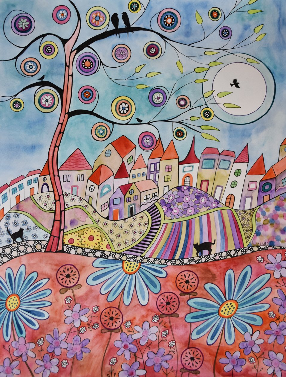 Dorf hinter roten Wiese von Marys Watercolors