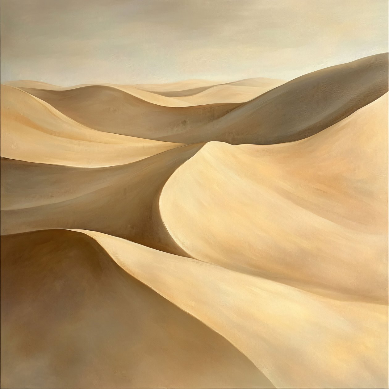 Eine Wüstenlandschaft, goldene Farbtöne und sanfte Hügel unter einem pastellfarbenen Himmel, Wanddekoration von F. Abderrahim