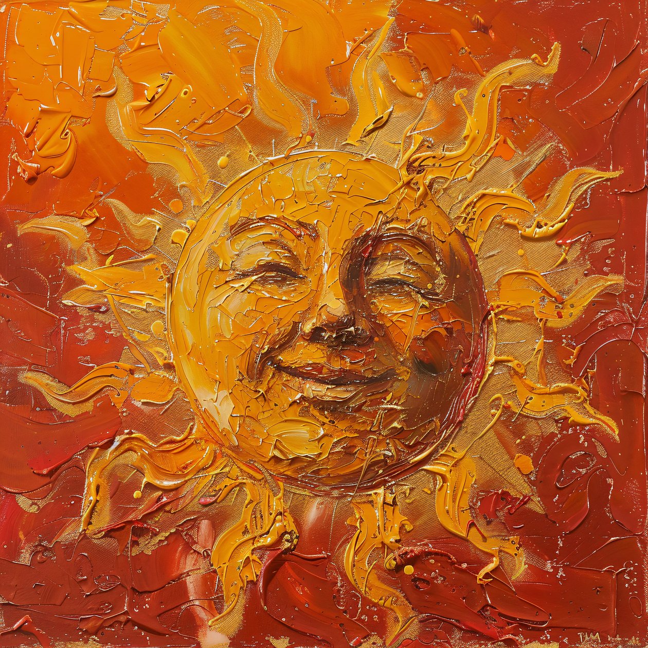 Eine pausbäckige Sonne auf rotem und verschleiertem Hintergrund, Kunstdrucke auf Leinwand von F. Abderrahim