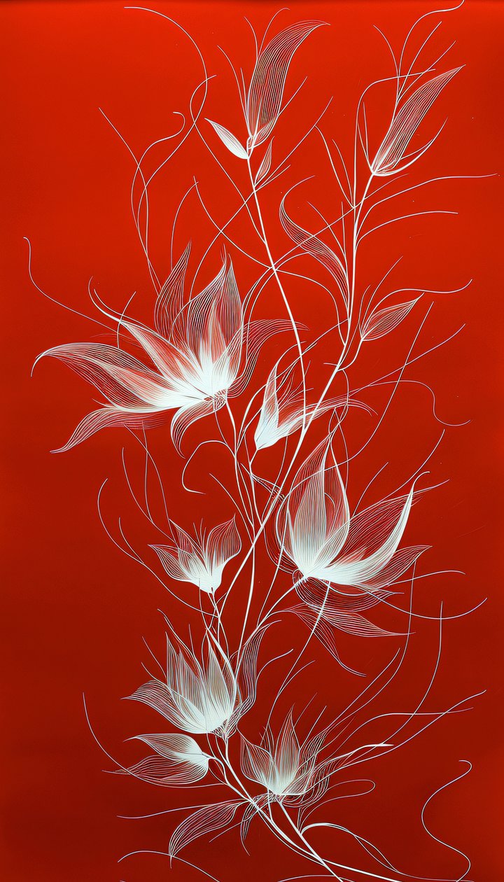 Weiße Linienkunst von Pflanzen und Blumen auf einem leuchtend roten Hintergrund, Wanddekoration von F. Abderrahim