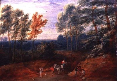 Eine bewaldete Landschaft mit Reisenden in einem Heuwagen von A.F. and Bouts P. Boudewyns