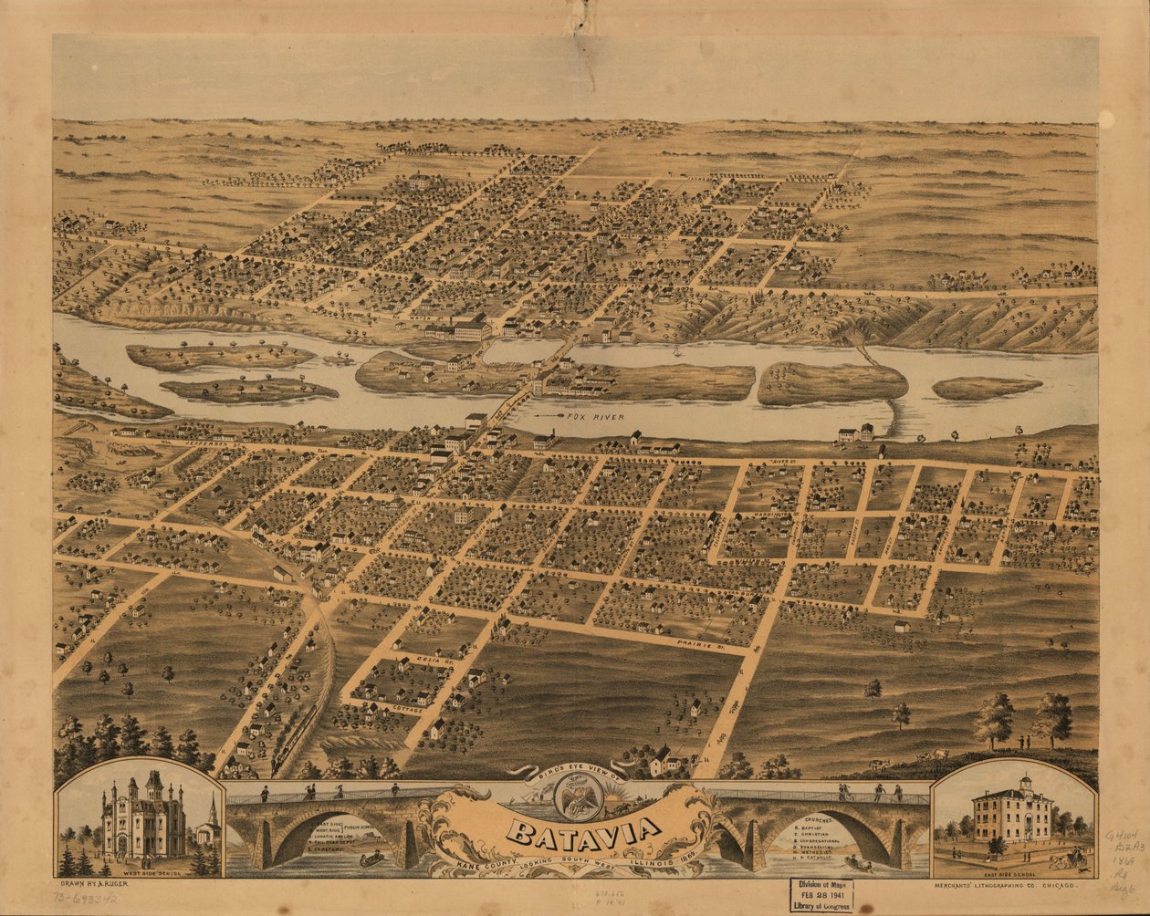Vogelperspektive von Batavia, Kane County, Illinois, 1869. LOC 73693342 von A.; Chicago Lithographing Co. Ruger