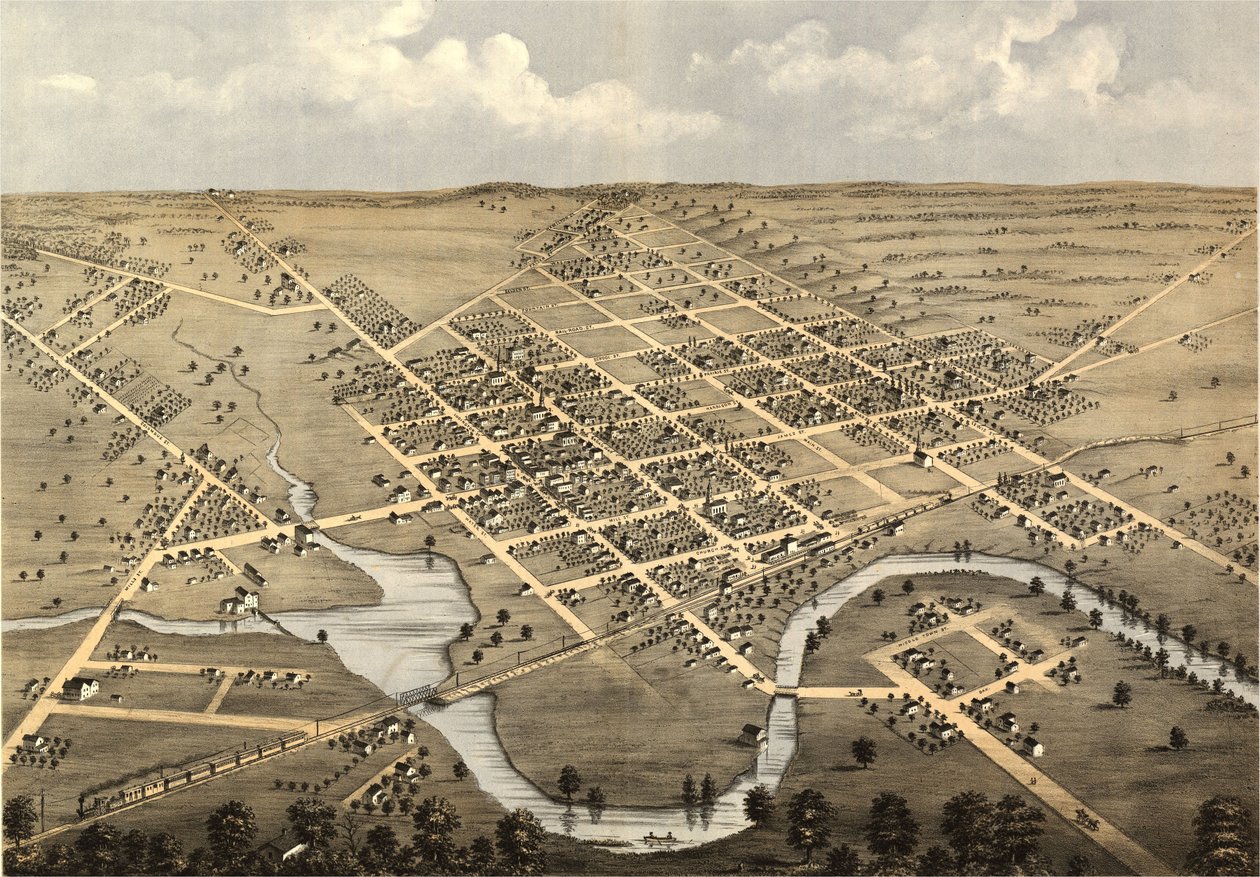 Vogelperspektive von Columbus, Columbia Co., Wisconsin 1868 von A.; Chicago Lithographing Co. Ruger